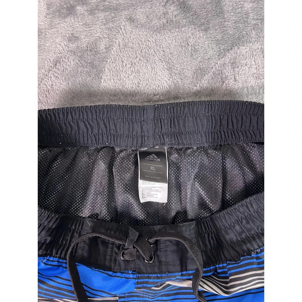 Y2K Adidas Mens Board Shorts Blue Gray Stripe Drawstring Waist XL
